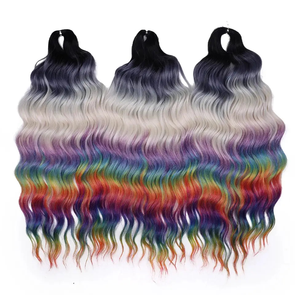 Anna synthetic hair 24 inch water wave braiding extensions rainbow ombre, three bundles