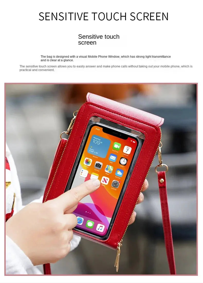 Crazy Bag touch-screen phone bag, red crossbody with clear window and gold hardware