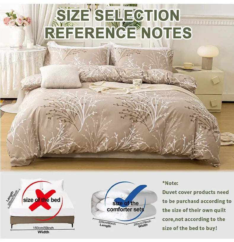 Leaf Floral Duvet Cover Set by Simples Market, beige/taupe, 1 duvet cover and 2 pillowcases, soft skin-friendly bedding.