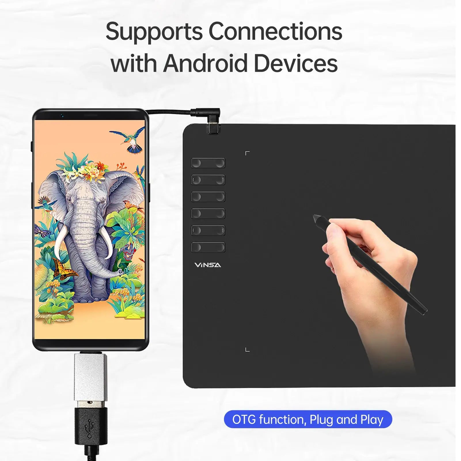 VINSA T1161 graphics drawing tablet with battery-free stylus, black color and USB connection