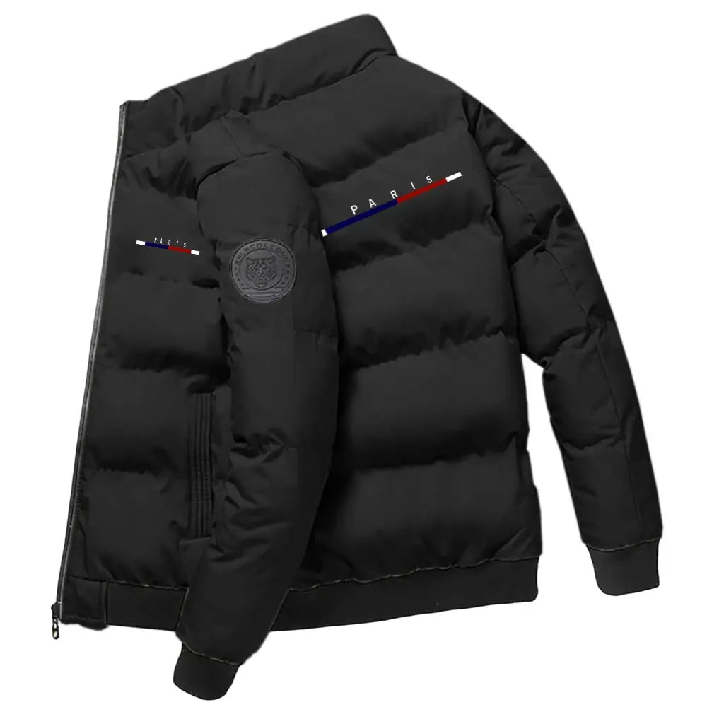 Men's black puffer jacket with quilted panels, Paris stripe patch, Simples Market brand