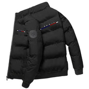 Men's black puffer jacket with quilted panels, Paris stripe patch, Simples Market brand