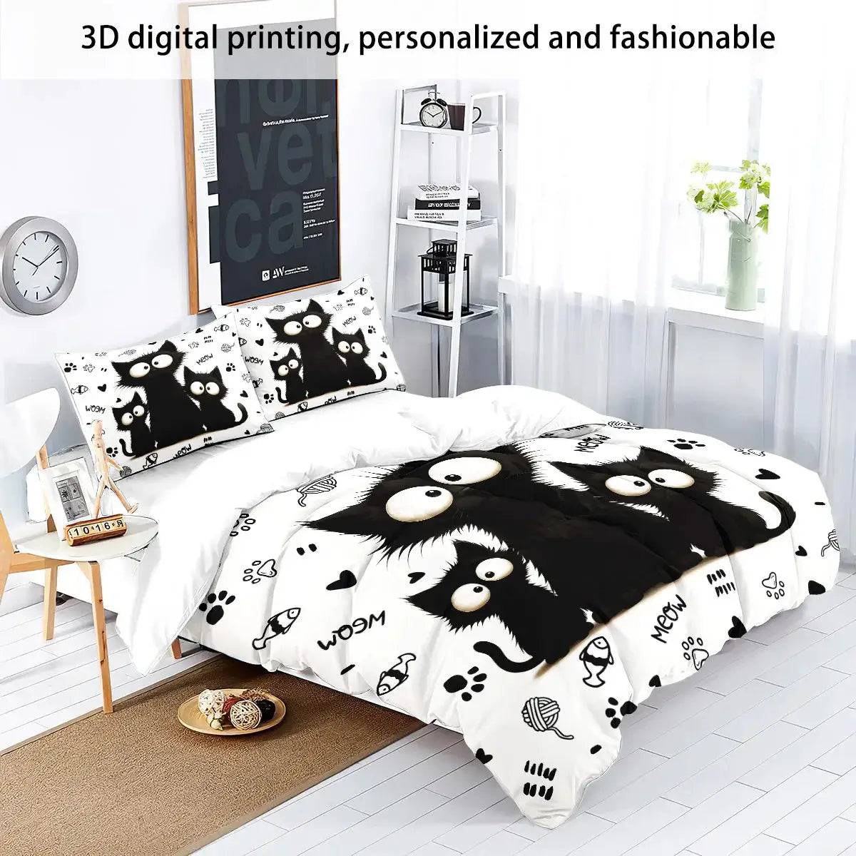 Simples Market 3pc black cat bedding set: duvet cover and 2 pillowcases; white background with cat print, machine wash