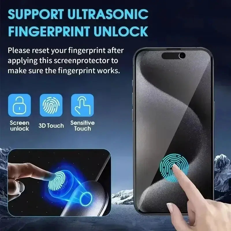 Simples Market full-cover privacy screen protector iPhone 11–16 ProMax, anti-spy glass with fingerprint unlock