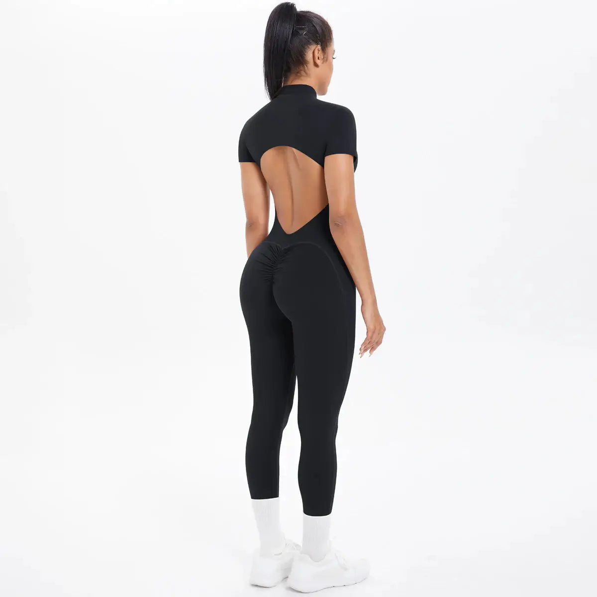Women's black backless fitness jumpsuit, short sleeves, scrunch rear, one-piece gym yoga suit