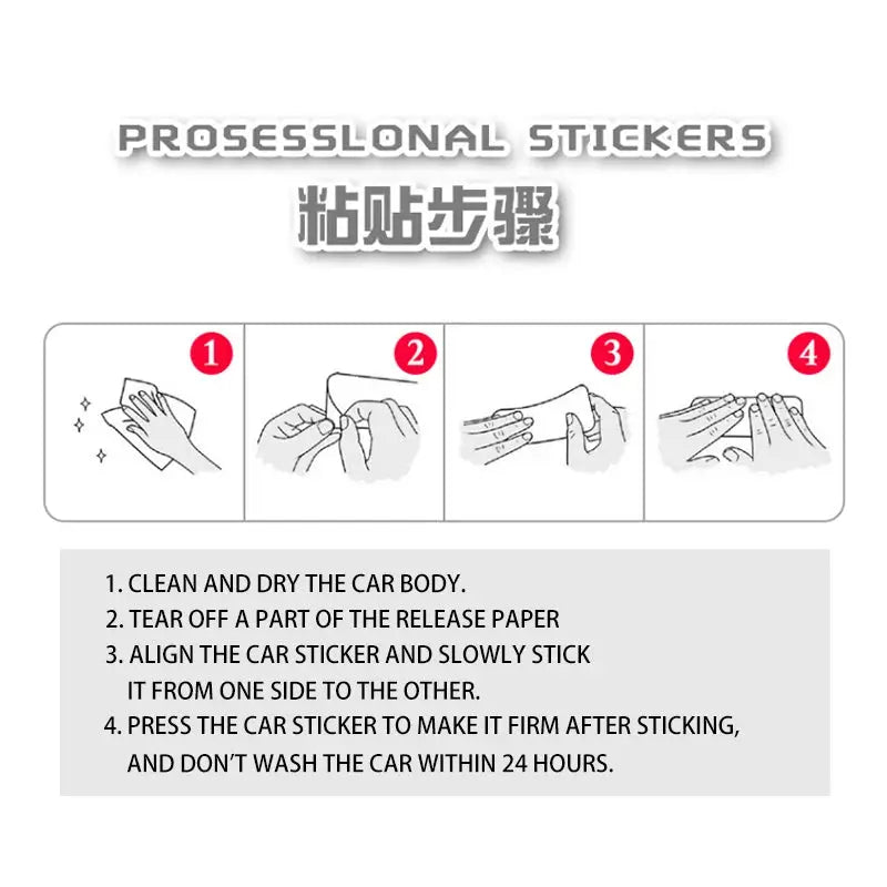 Car interior stickers by Simples Market; 4-step installation guide illustration for applying decals.