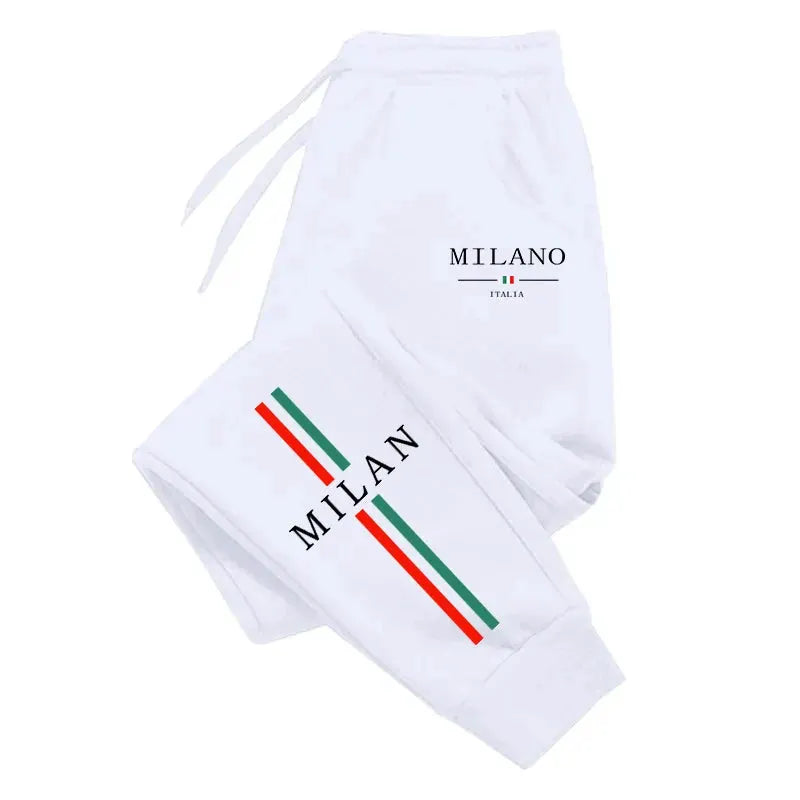 Men's white Milan City printed jogger pants with green-red stripes and Milano logo, Simples Market