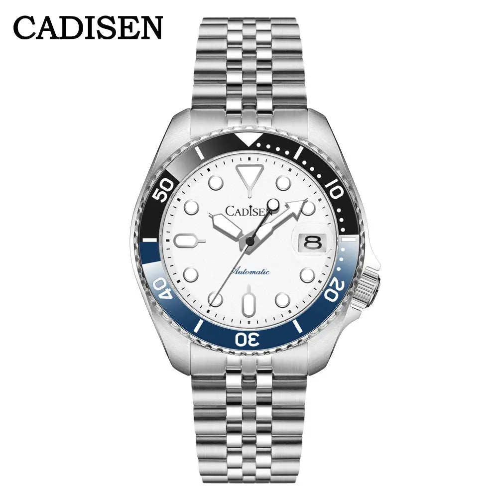 CADISEN stainless steel automatic men's wristwatch with blue/black ceramic bezel and sapphire glass