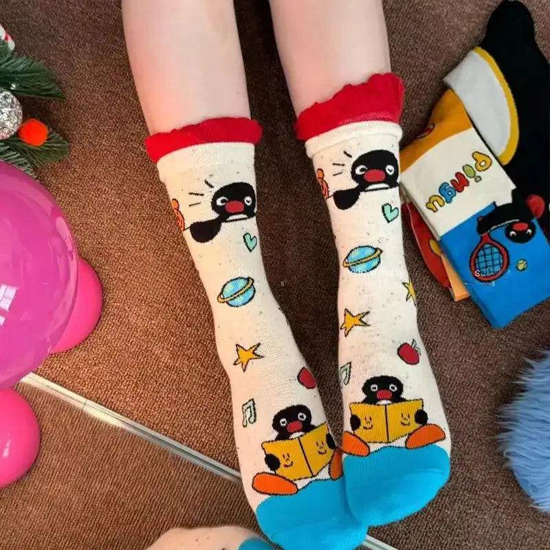 4 Pairs Pingu Medium Length Socks for Women Cartoon Style Breathable Soft Kawaii Girls Autumn Winter Fashion