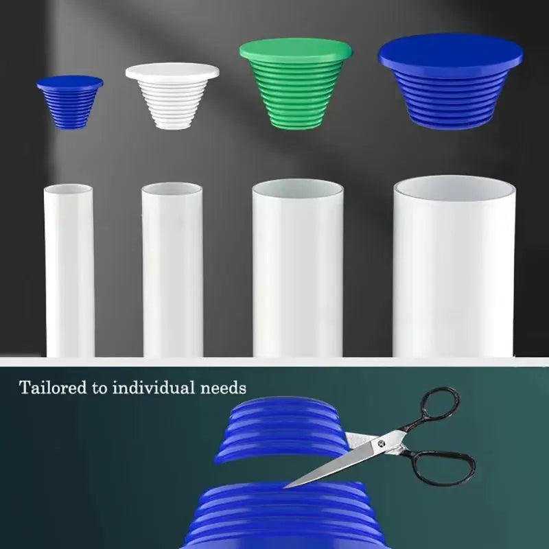 Silicone sewer pipe sealing rings set by Simples Market in blue, white, green ribbed caps with white pipes