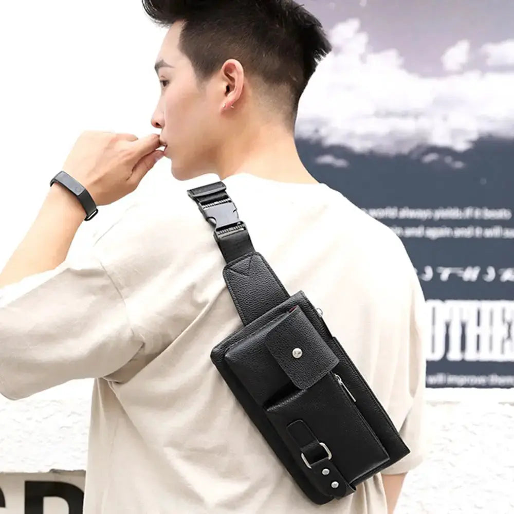 Leather waist bag by Simples Market with front pocket and buckle strap worn crossbody