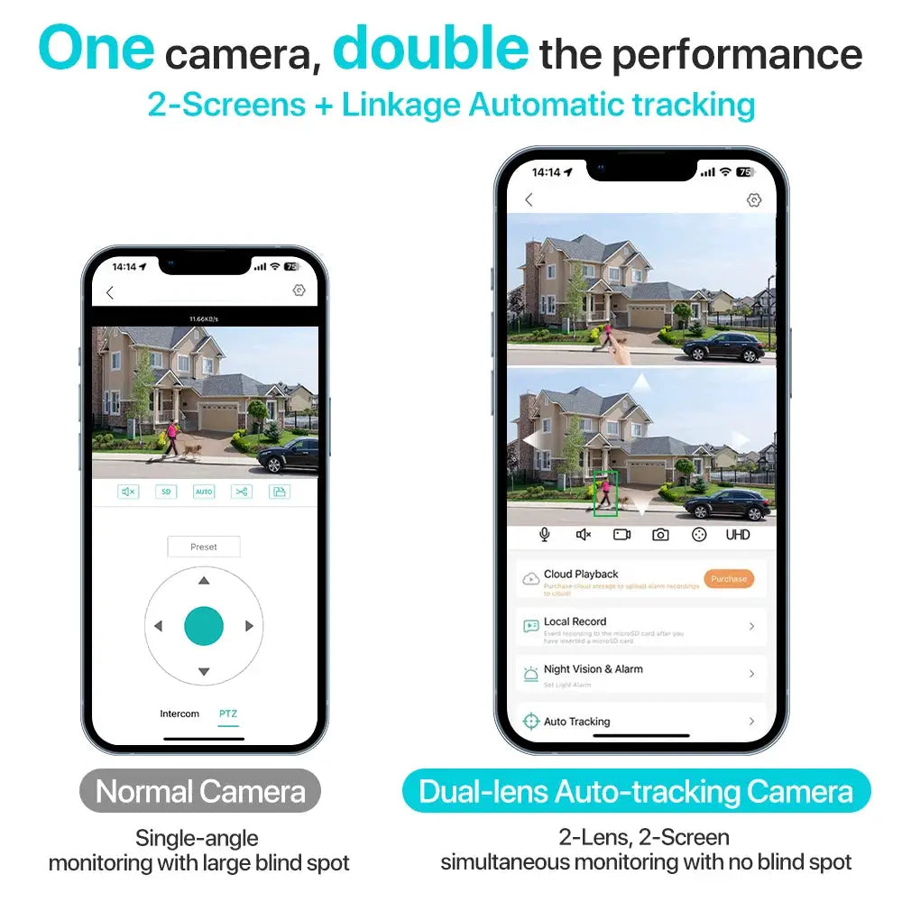 Outdoor Wifi PTZ Camera by Simples Market, dual-lens 4K AI auto-tracking shown on two smartphone screens