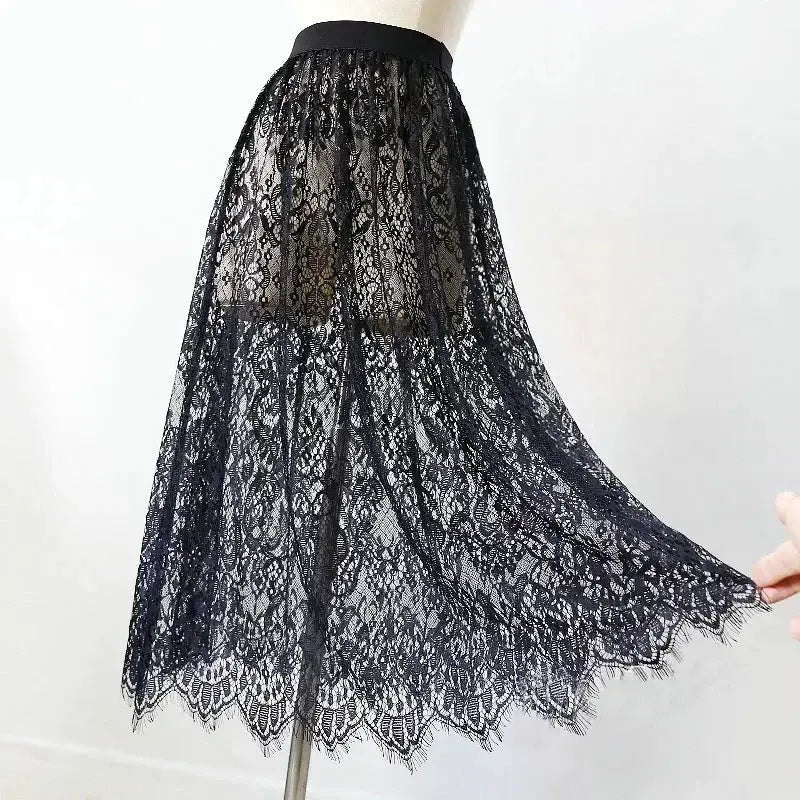 Black lace midi skirt with transparent tulle overlay, elastic high-waist, by Simples Market
