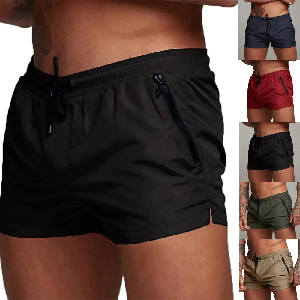 Men's swim trunks with drawstring and zip pockets in black; shown in 6 color options