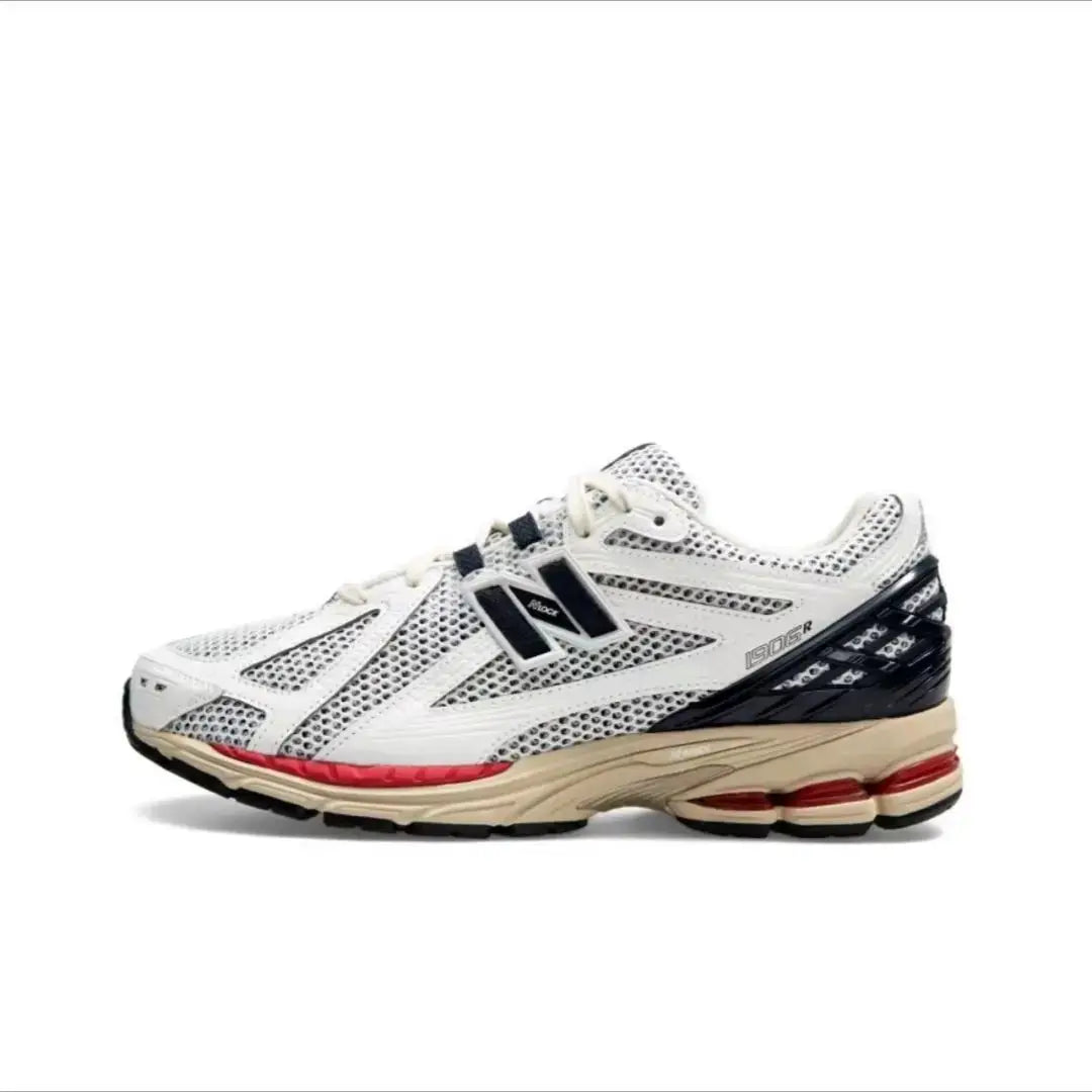 Simples Market 1906R retro dad shoes, white mesh running sneakers with beige sole and black heel detail