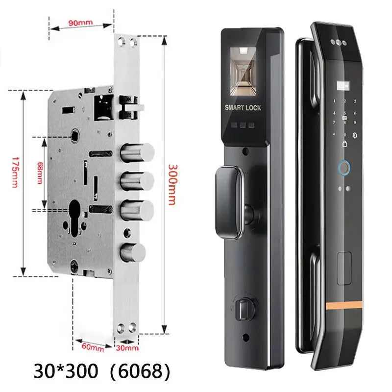 Simples Market two-piece door lock set: silver mortise lock and black smart lock with biometric fingerprint keypad