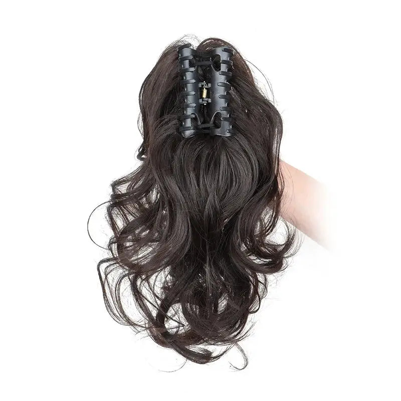 Synthetic 12-inch ponytail clip extension with black claw clip, dark brown curls, Simples Market
