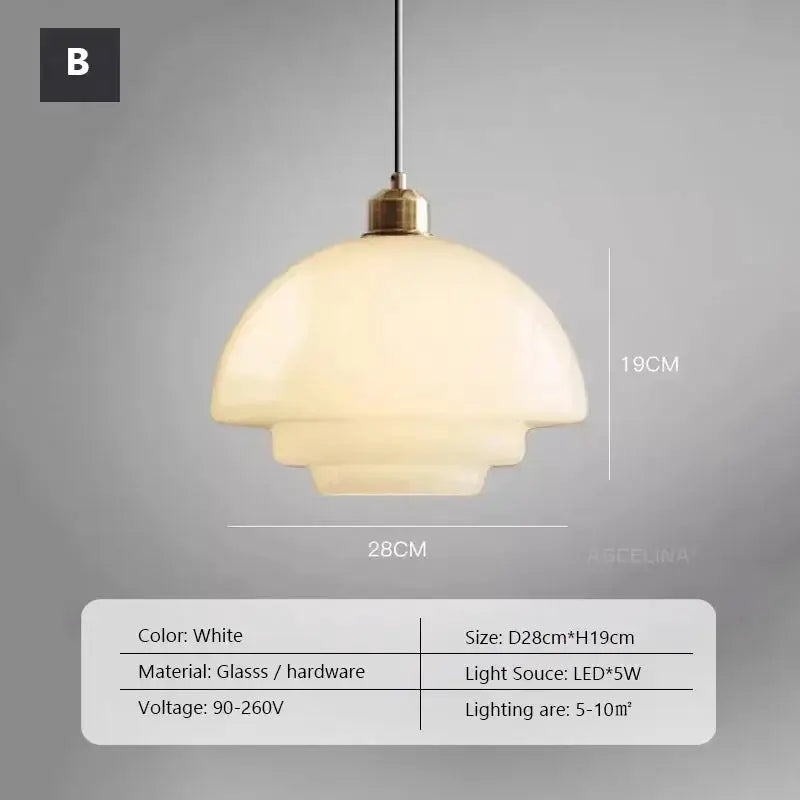 Nordic glass pendant lamp, white glass shade with brass hardware, LED 5W (D28cm x H19cm)