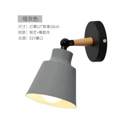 Nordic bedroom wall lamp by Simples Market, gray metal shade with rubberwood arm and black round wall mount.