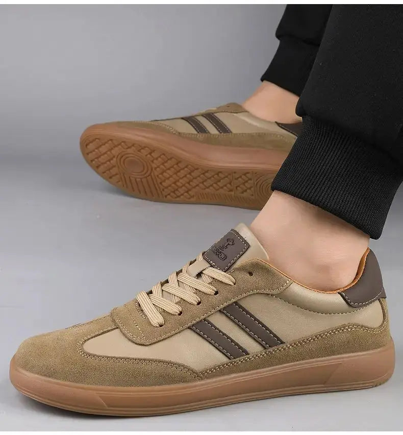 Simples Market men's leather sneakers, beige suede upper with brown sole, casual trainers.