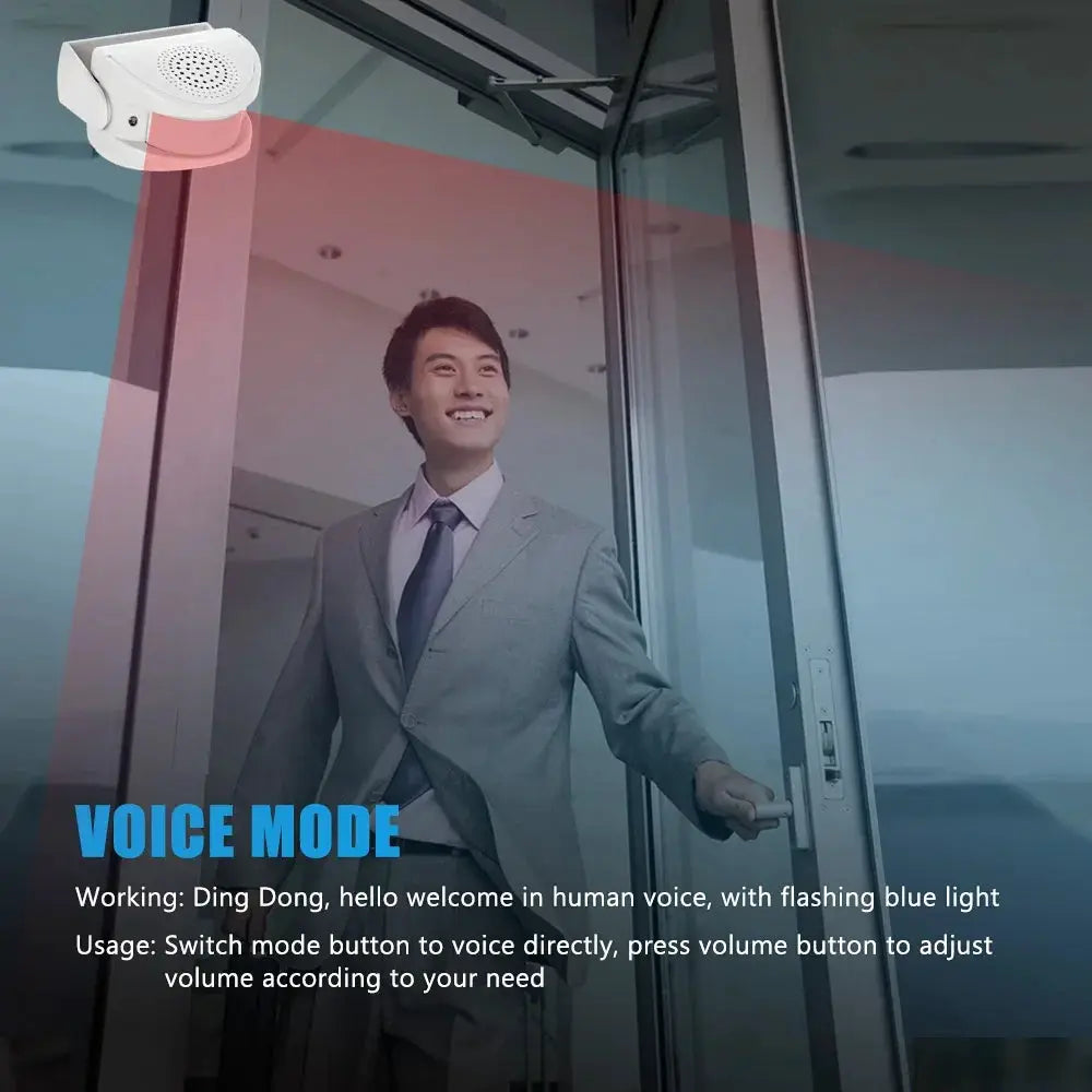 FUERS white wireless guest welcome doorbell with PIR motion sensor mounted on glass entry; man in suit entering.