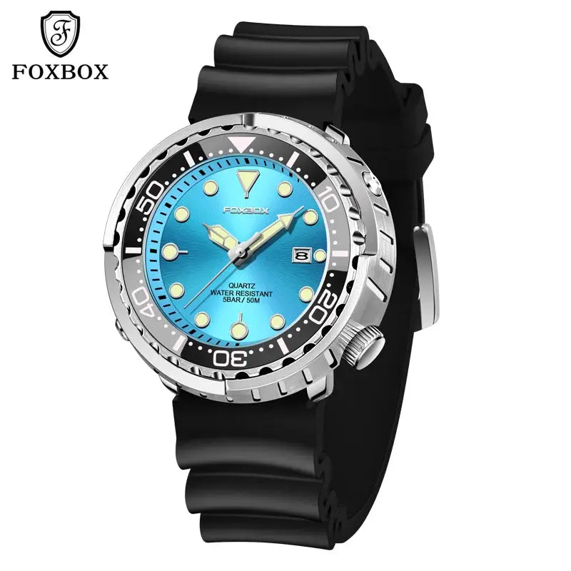 FOXBOX quartz men's sport watch with blue dial, steel bezel, black silicone strap, date, 5ATM water resistant.