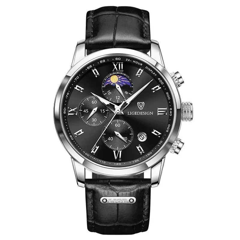 LIGE men's chronograph watch with black dial and leather strap