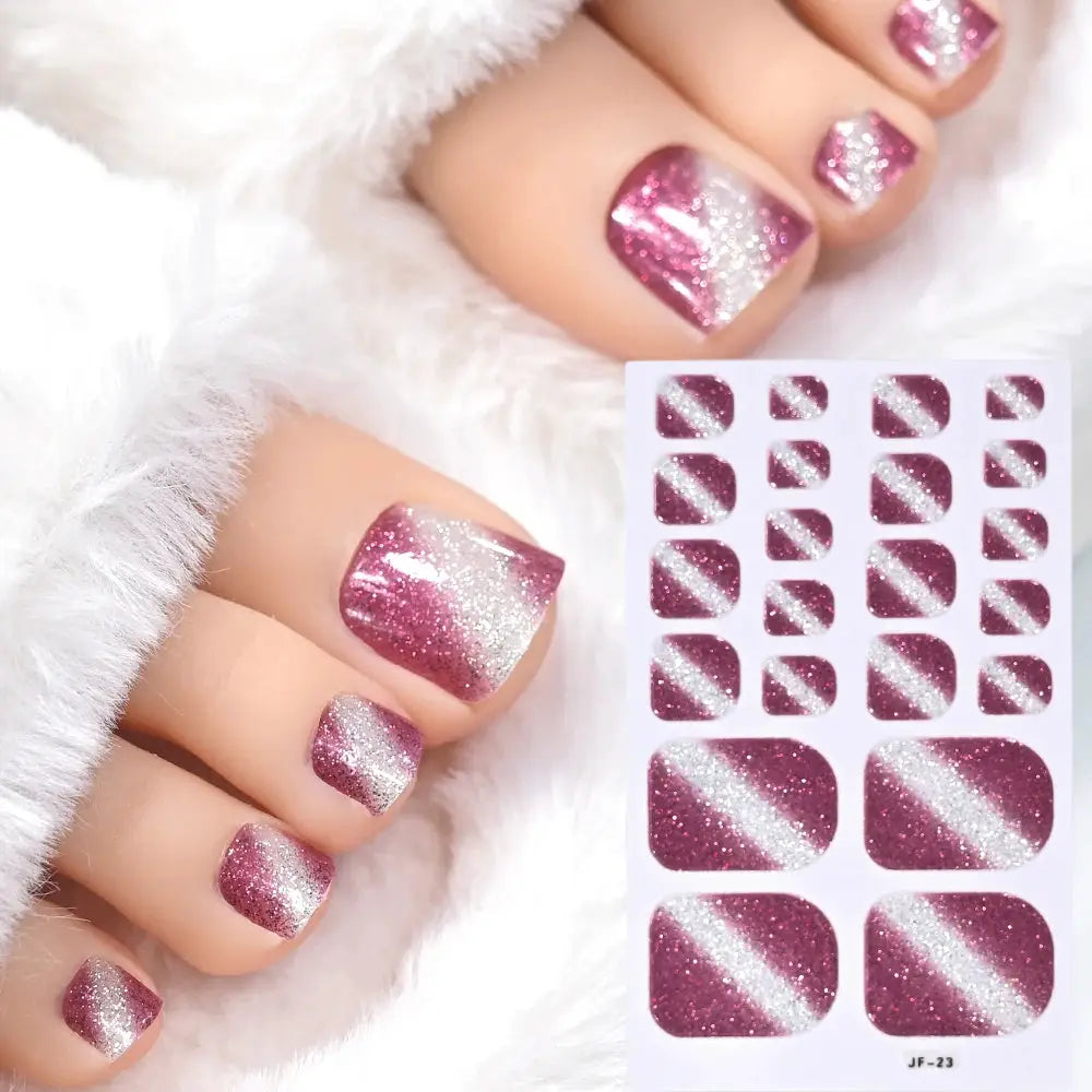 Toe nail sticker wraps by Simples Market; pink glitter gradient with diagonal silver stripe, full-cover 22-tip decals
