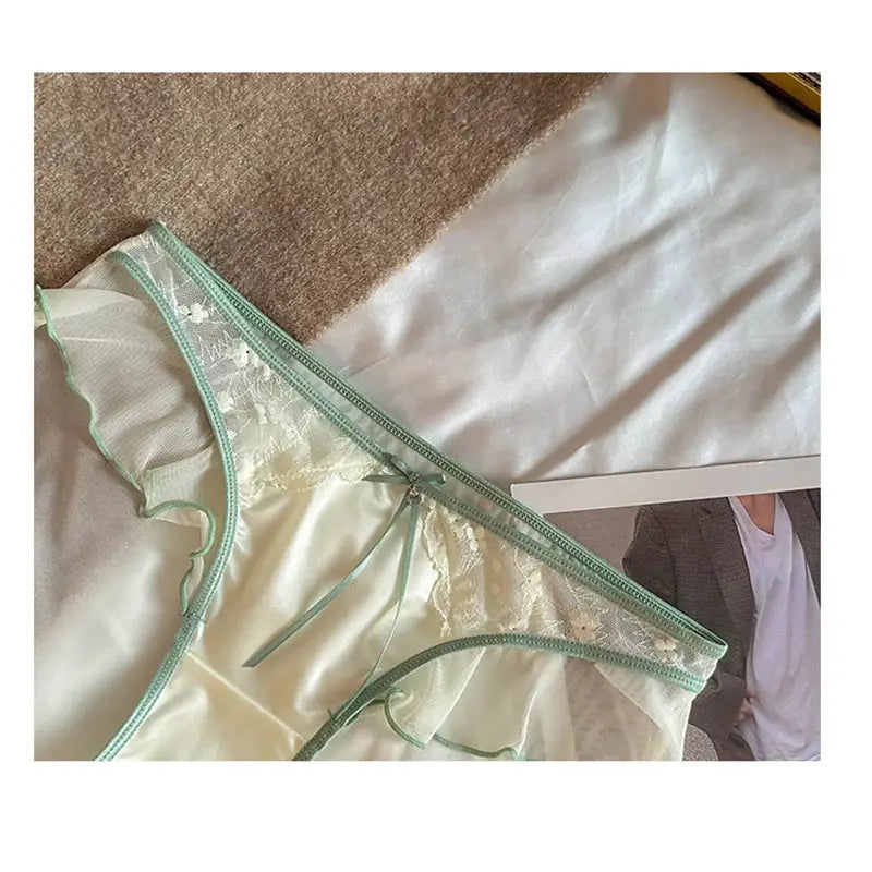 Women's mint green lace mesh satin panties with ruffle edge, low waist