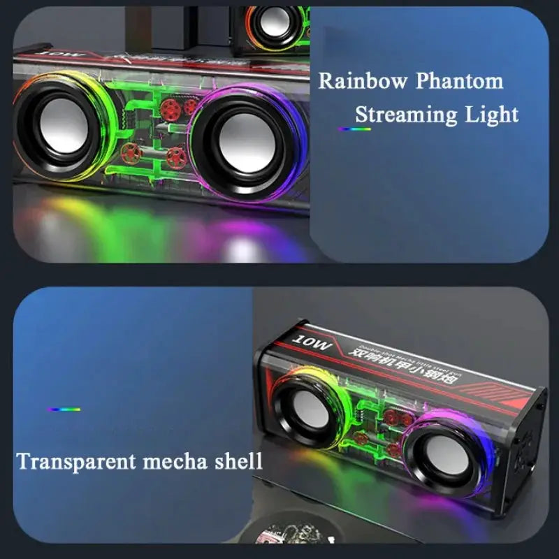 V8 transparent mecha speakers with RGB lighting, Bluetooth 5.0, dual bass diaphragms