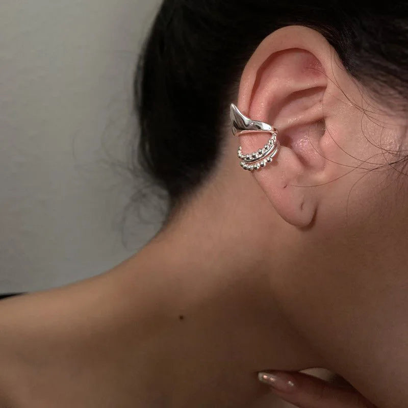 Simples Market elf ear clip long chain tassel earrings; silver-tone ear cuff with beaded hoops