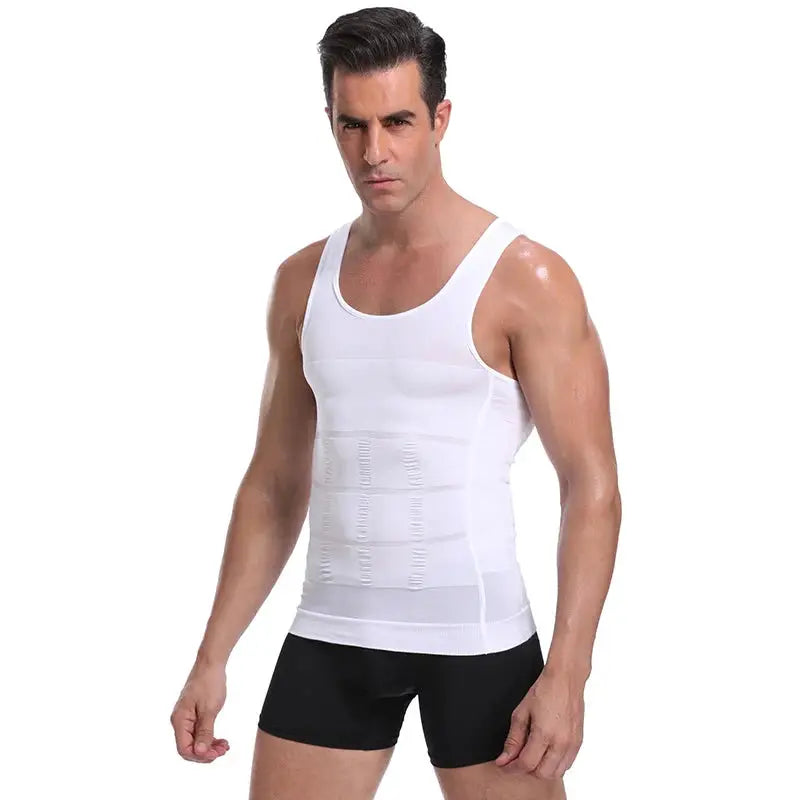 Simples Market men's white slimming shapewear corset vest with abdominal compression for waist control.