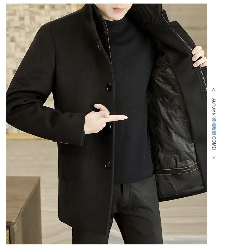 Men's black wool coat with removable thickened down inner liner by Simples Market
