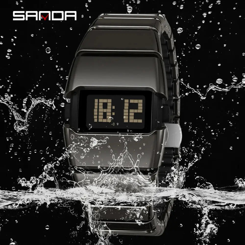 SANDA 9504 digital watch with black metal bracelet, night-light display, 5ATM waterproof