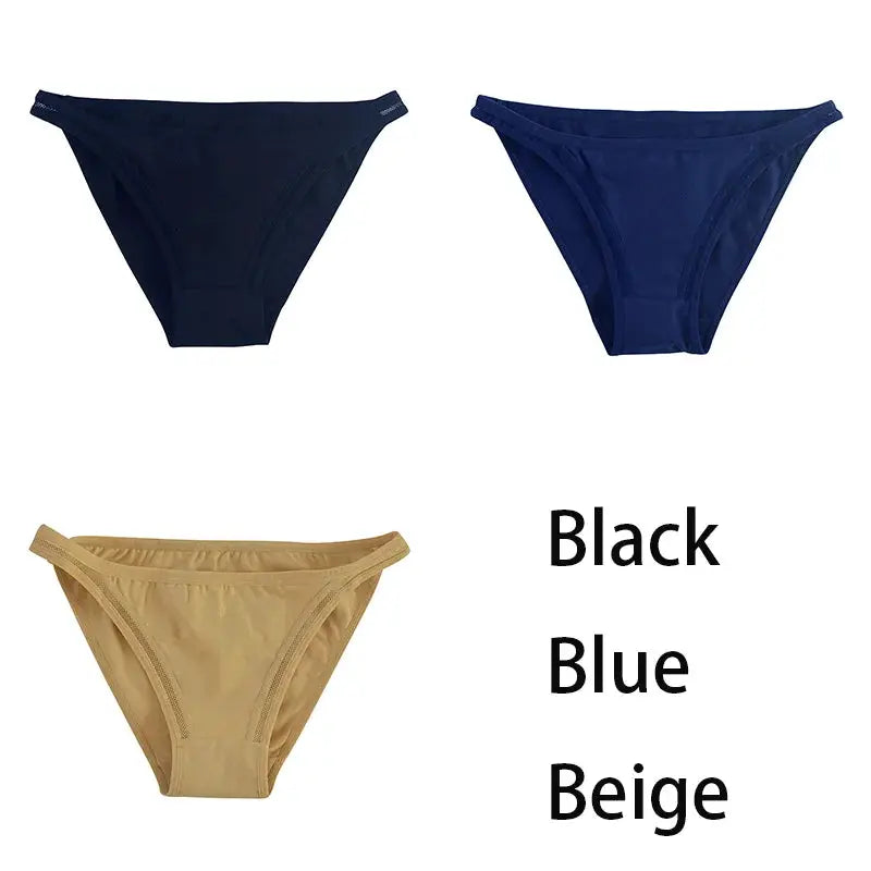 3-piece set of women's cotton bikini briefs in black, blue and beige