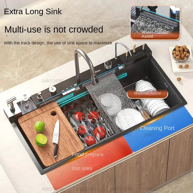 Simples Market stainless steel waterfall kitchen sink with extra-long vegetable basin and left-side drainage