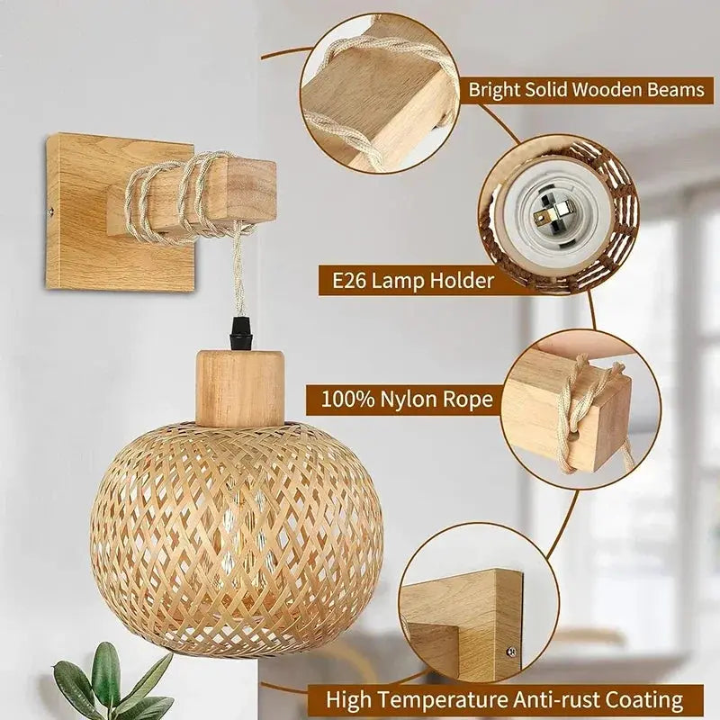 Bamboo lantern wall lamp with hand-woven rattan shade and rope suspension, E26 lamp holder.
