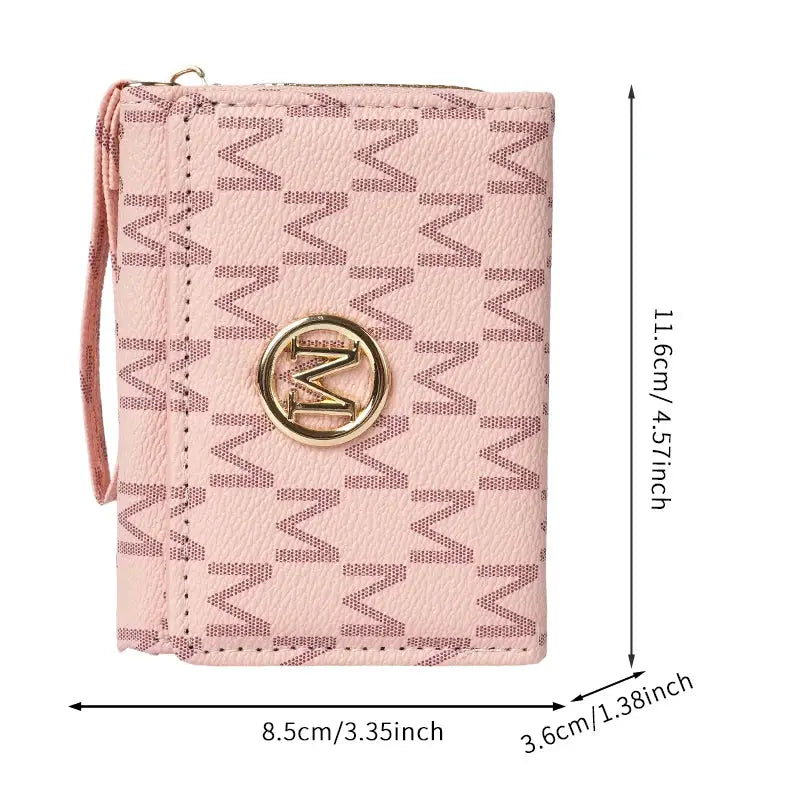 Simples Market pink PU wallet with circular gold MK logo, printed zigzag pattern, multi-card slots