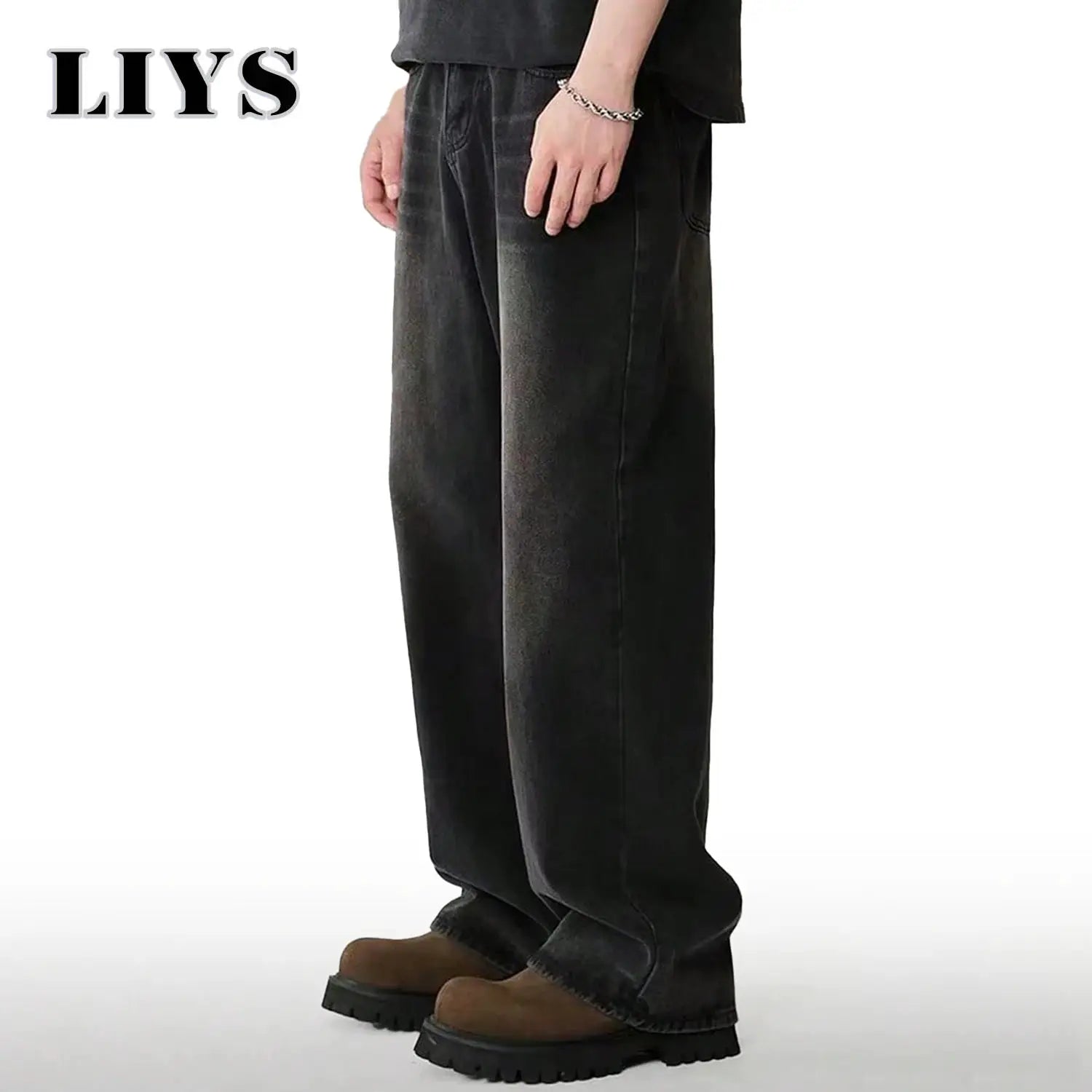 Four Season men's black wide-leg denim jeans, baggy straight fit
