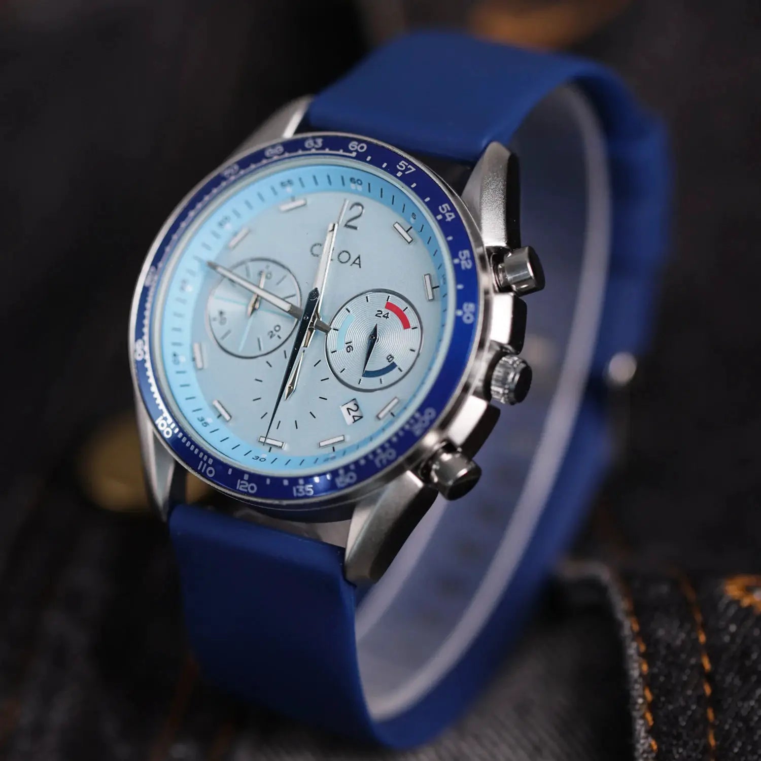 CILOA men's luxury wristwatch with blue dial, blue bezel, stainless steel case and blue silicone strap