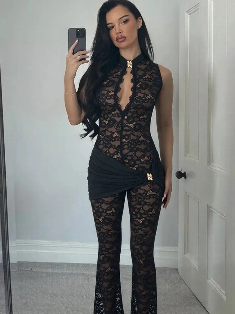 Nibber streetwear patchwork jacquard jumpsuit black midnight with ruched waist, halter neck, gold knot accents