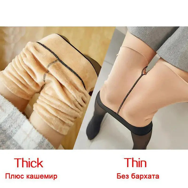 Simples Market fleece thermal leggings and sheer stockings, high waist, beige fleece and sheer variants, 2 items