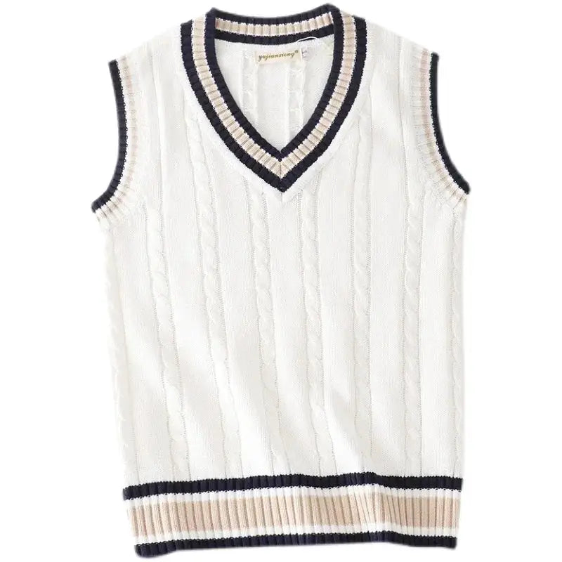 Sweater vest, men's white cable-knit V-neck sleeveless with navy and beige striped trim (Simples Market)