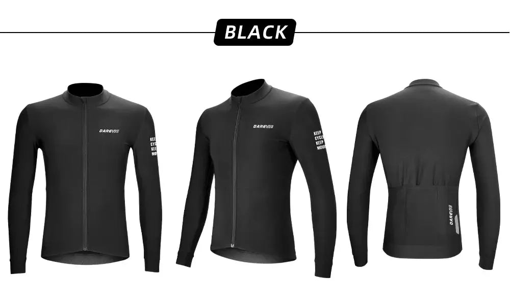 DAREVIE cycling jersey, black long-sleeve thermal fleece, breathable zip-front for men