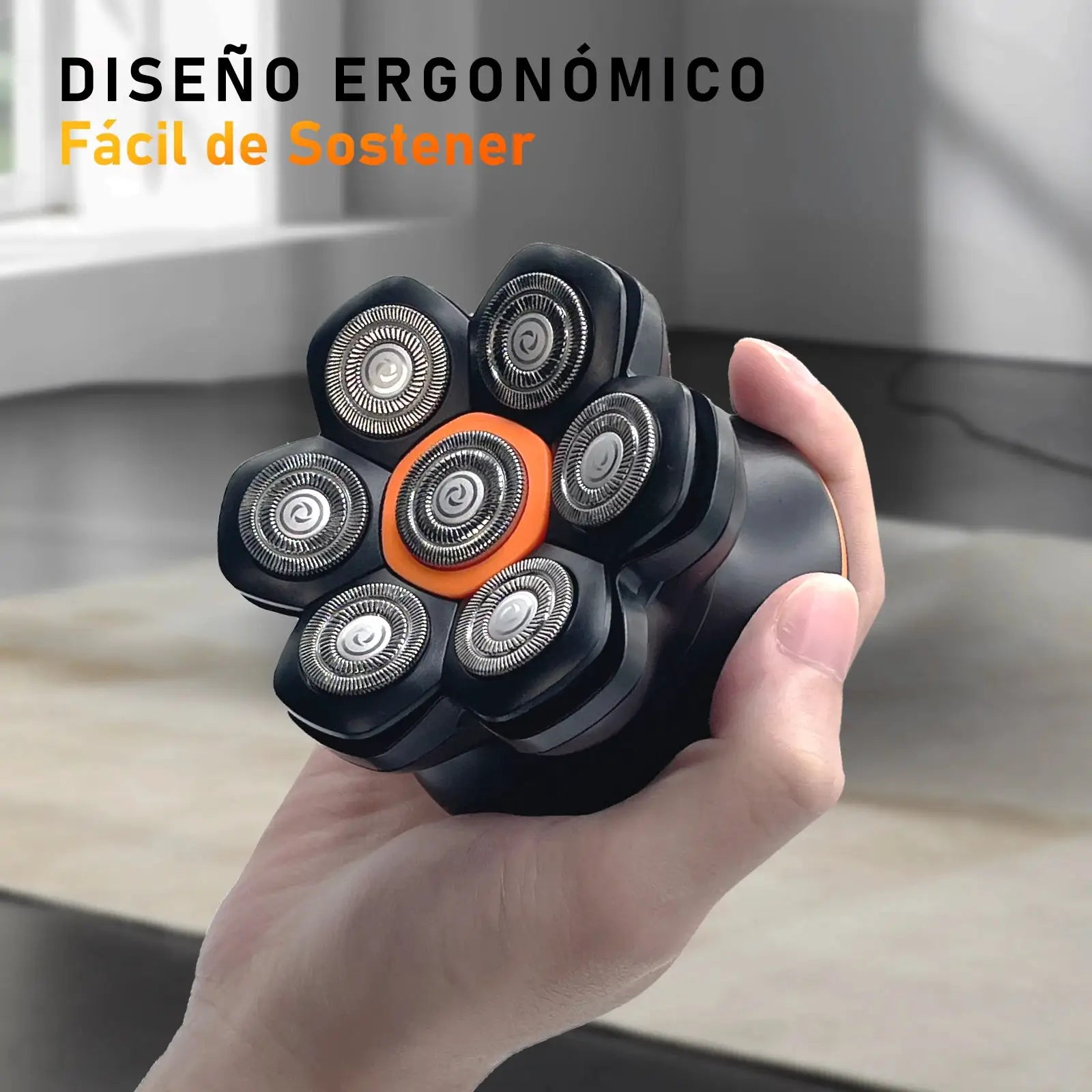 MAXGROOM 7D head shaver with seven circular blades, black handle with orange ring, waterproof USB rechargeable razor.