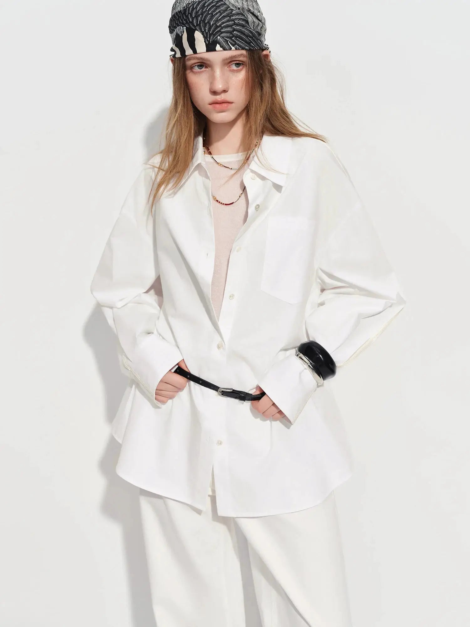 FSLE Premium Series women's white cotton shirt, oversized fit, long sleeves, button-front.
