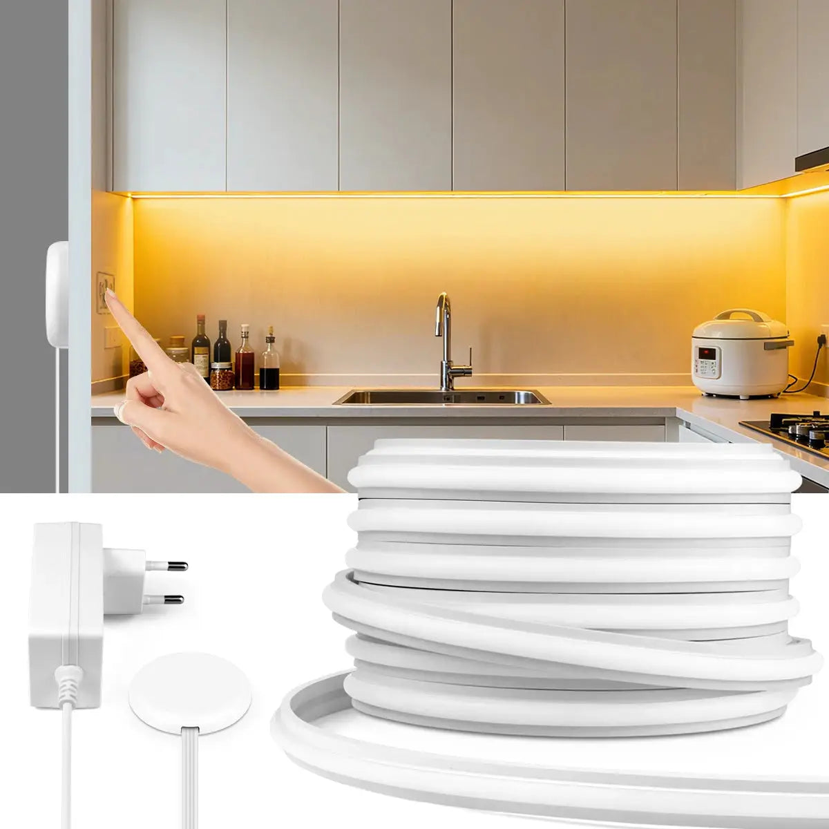 Simples Market self-adhesive COB LED under-cabinet tape light, touch-dimmable, warm white, 2–10m lengths with plug-in adapter