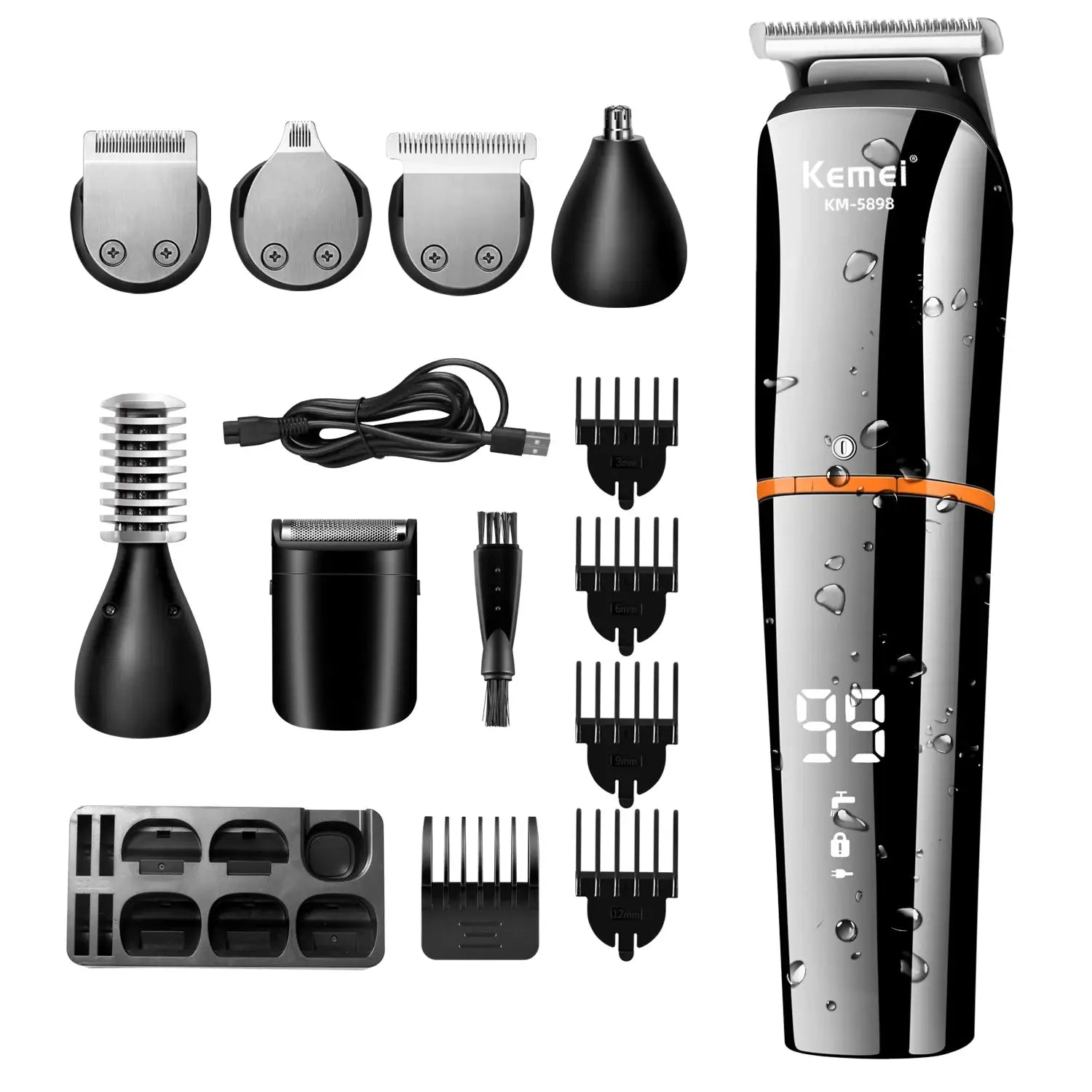 Kemei KM-5898 waterproof 11-in-1 men's grooming kit with trimmer, shaver, nose hair trimmer and accessories black