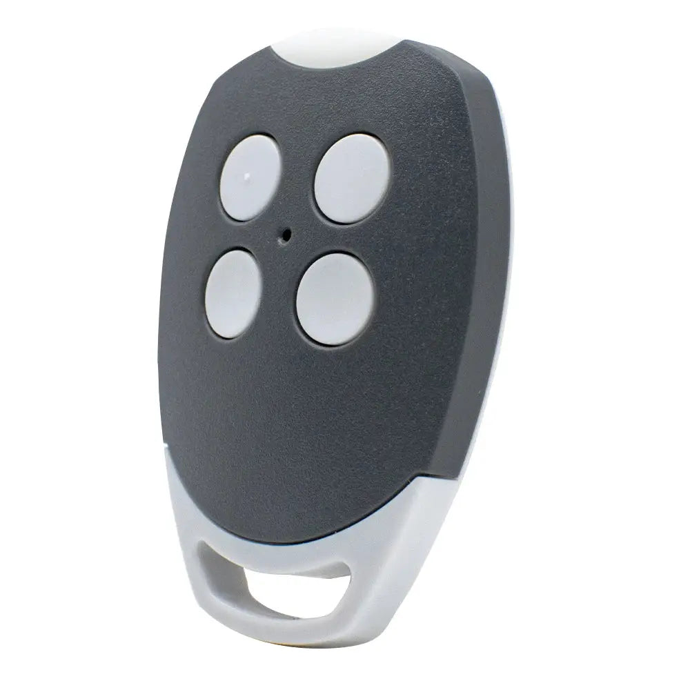 Simples Market garage door remote with four gray buttons and white belt clip