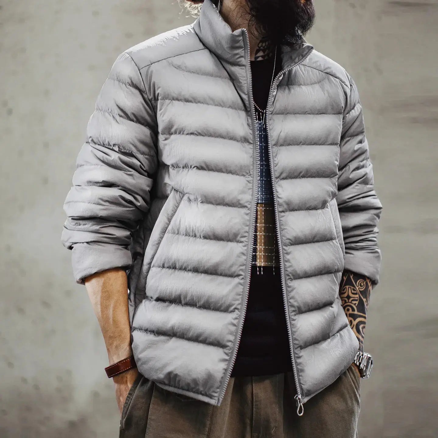 Maden Winter men's stand-up collar down jacket, light gray, lightweight padded coat